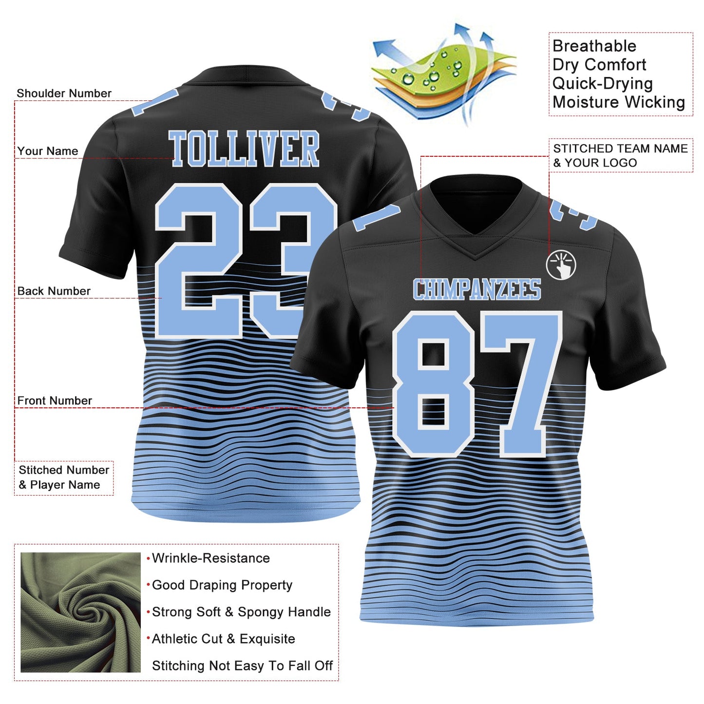 Custom Black Light Blue-White Authentic Fluid Wave Line Fade 7V7 Flag Football Jersey view 2