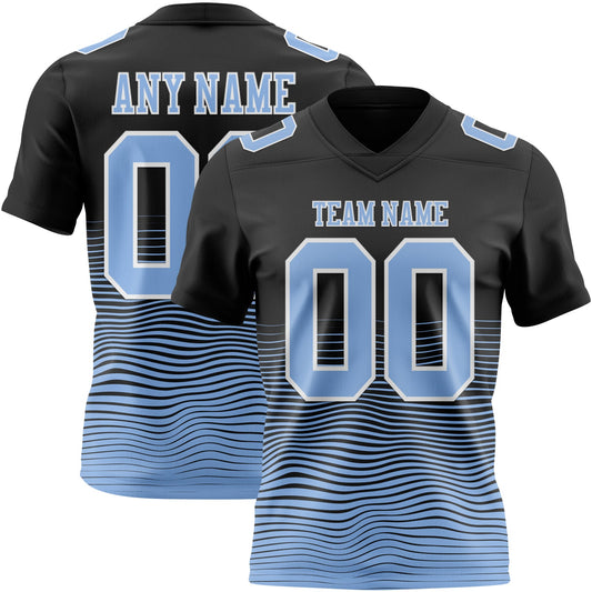 Custom Black Light Blue-White Authentic Fluid Wave Line Fade 7V7 Flag Football Jersey - Main View