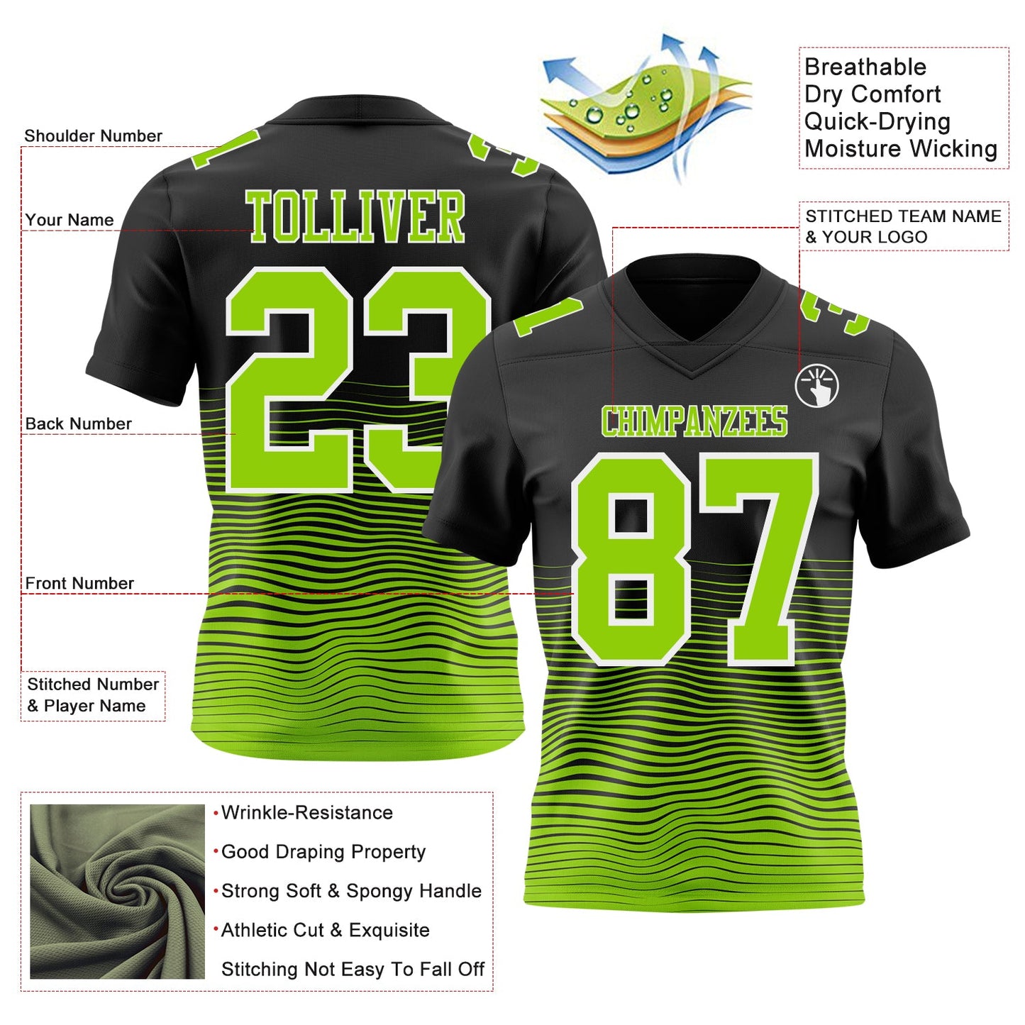 Custom Black Neon Green-White Authentic Fluid Wave Line Fade 7V7 Flag Football Jersey view 2