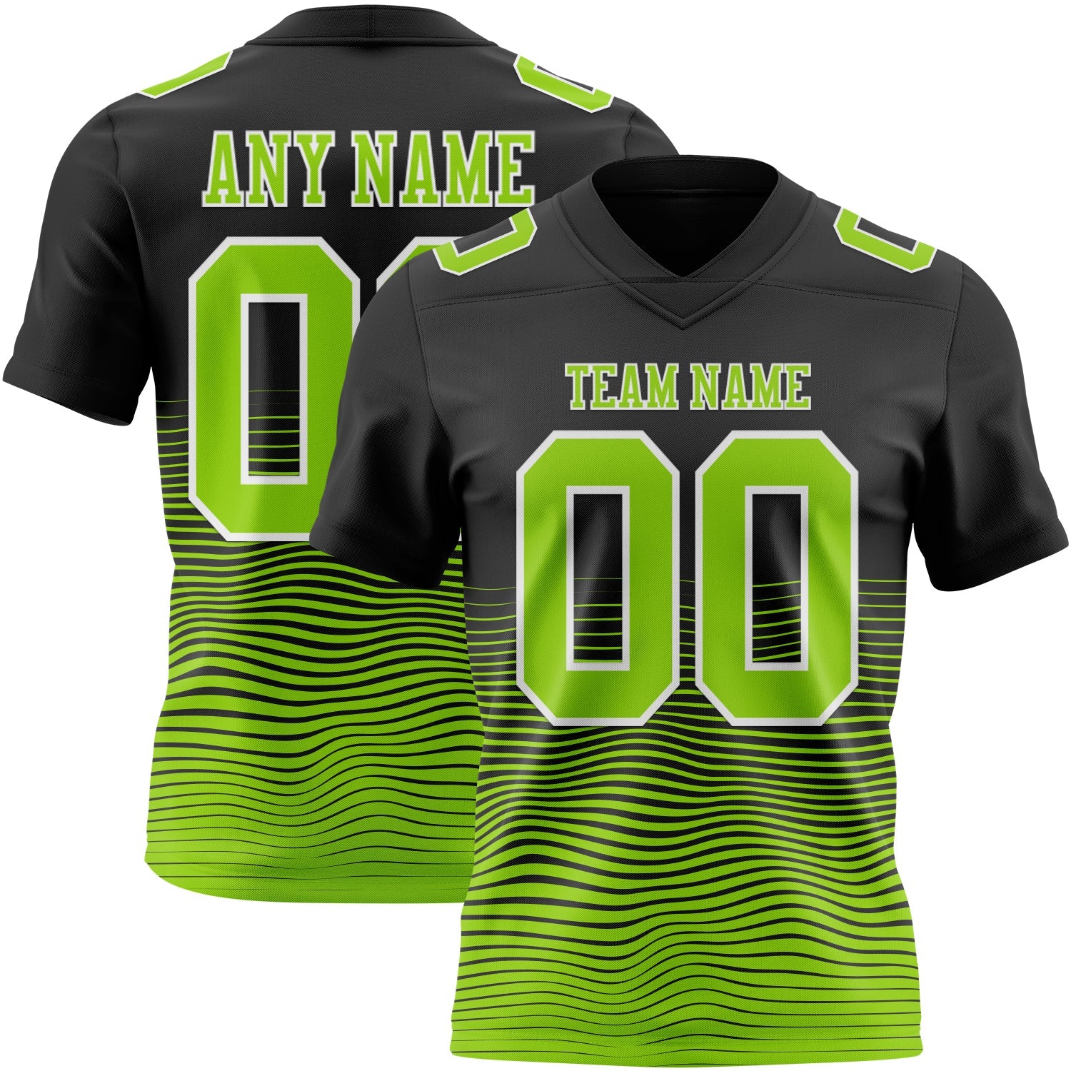 Custom Black Neon Green-White Authentic Fluid Wave Line Fade 7V7 Flag Football Jersey - Main View