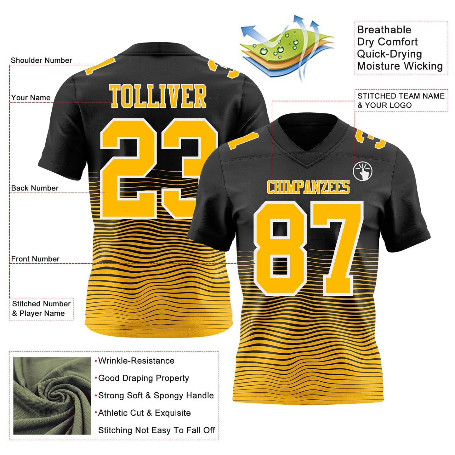 Custom Black Gold-White Authentic Fluid Wave Line Fade 7V7 Flag Football Jersey view 2