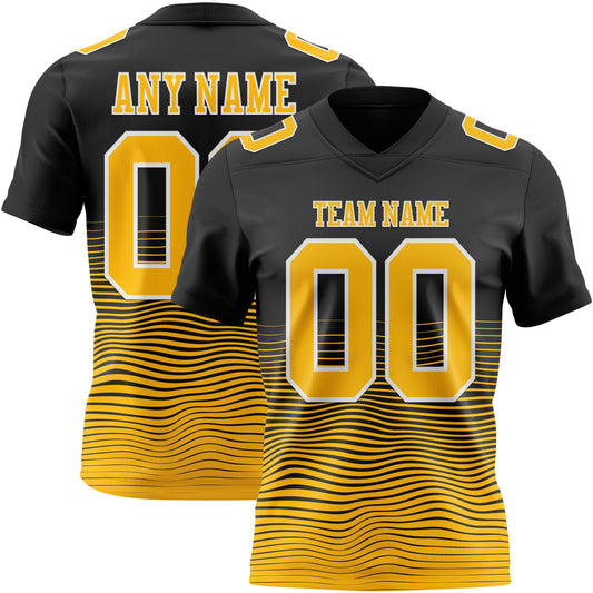 Custom Black Gold-White Authentic Fluid Wave Line Fade 7V7 Flag Football Jersey - Main View