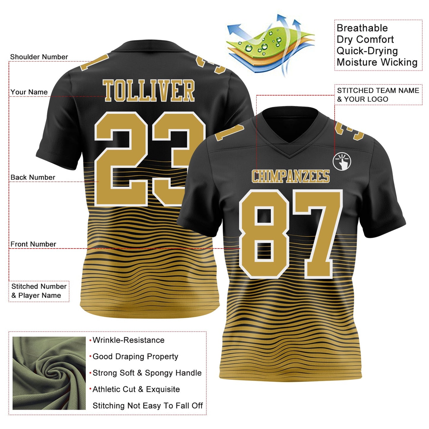 Custom Black Old Gold-White Authentic Fluid Wave Line Fade 7V7 Flag Football Jersey view 2