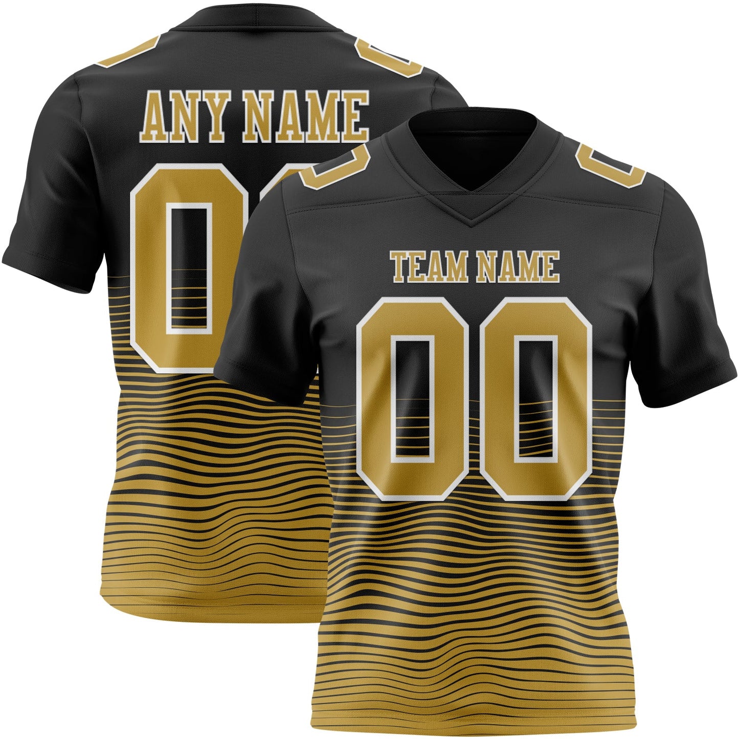 Custom Black Old Gold-White Authentic Fluid Wave Line Fade 7V7 Flag Football Jersey - Main View