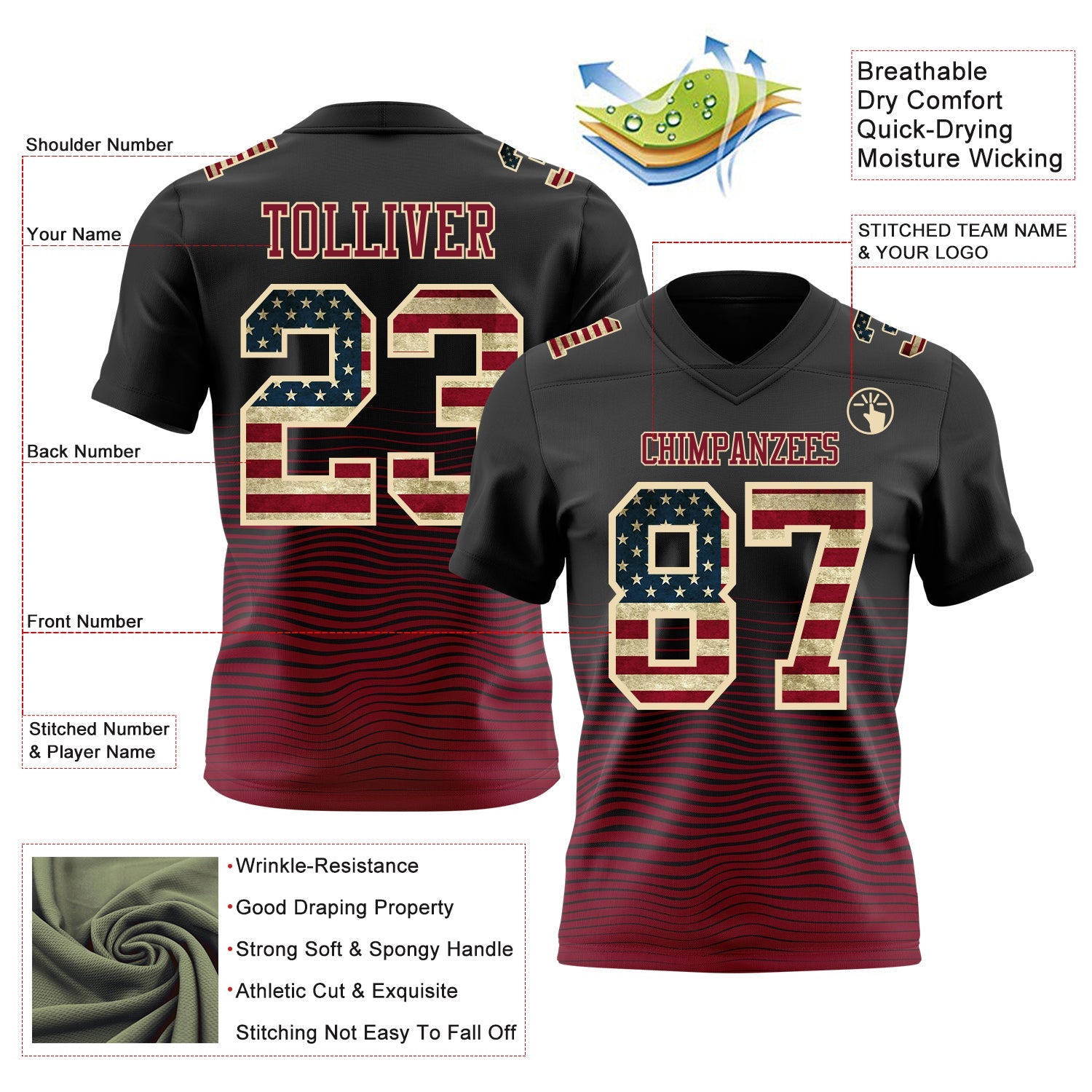 Custom Black Vintage USA Flag Crimson-Cream Authentic Fluid Wave Line Fade 7V7 Flag Football Jersey view 2