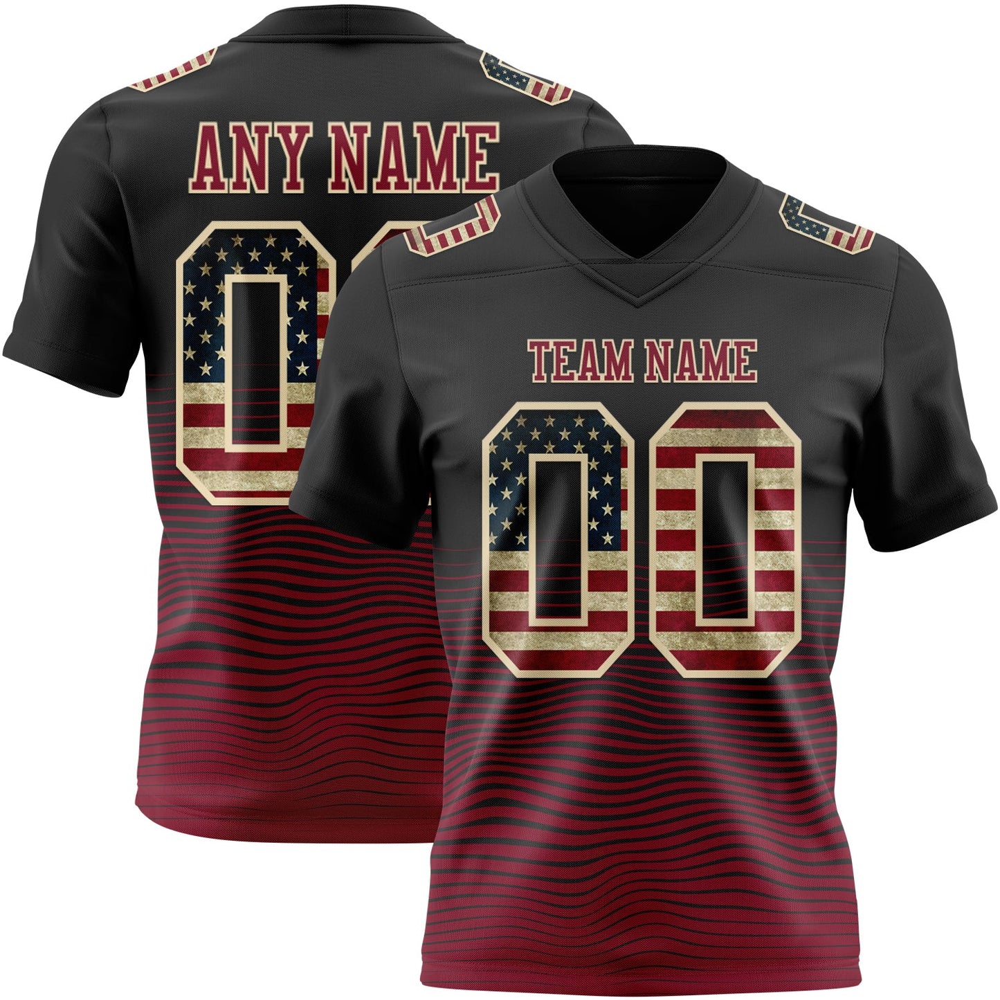 Custom Black Vintage USA Flag Crimson-Cream Authentic Fluid Wave Line Fade 7V7 Flag Football Jersey - Main View