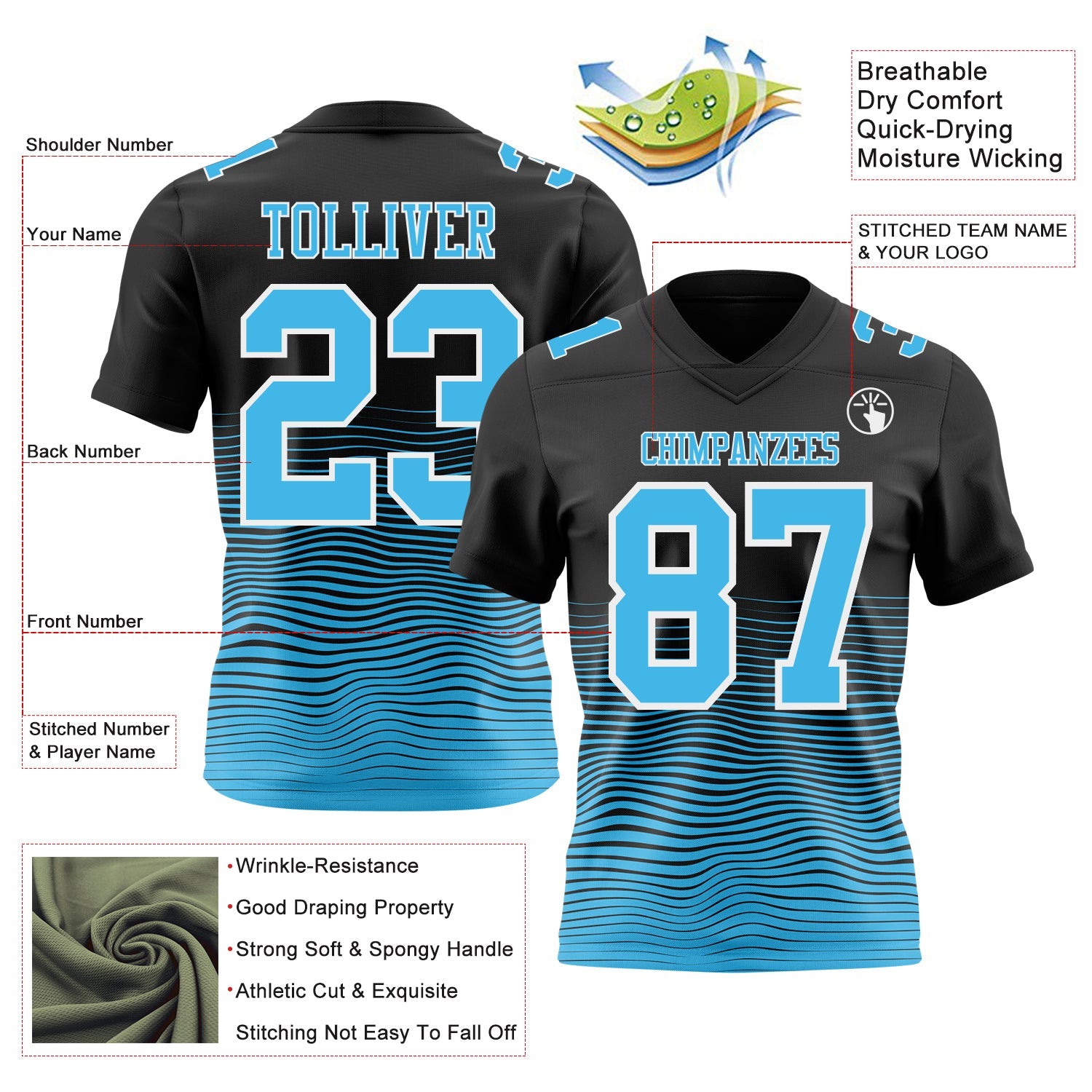 Custom Black Sky Blue-White Authentic Fluid Wave Line Fade 7V7 Flag Football Jersey view 2
