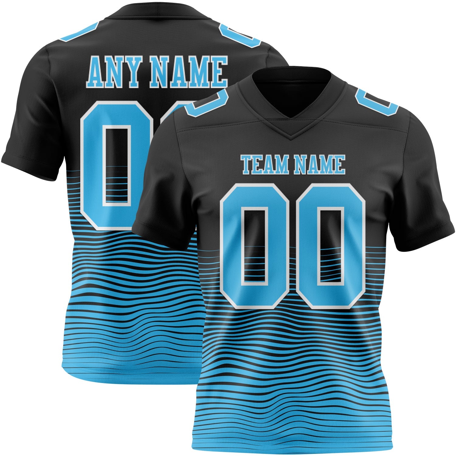 Custom Black Sky Blue-White Authentic Fluid Wave Line Fade 7V7 Flag Football Jersey - Main View
