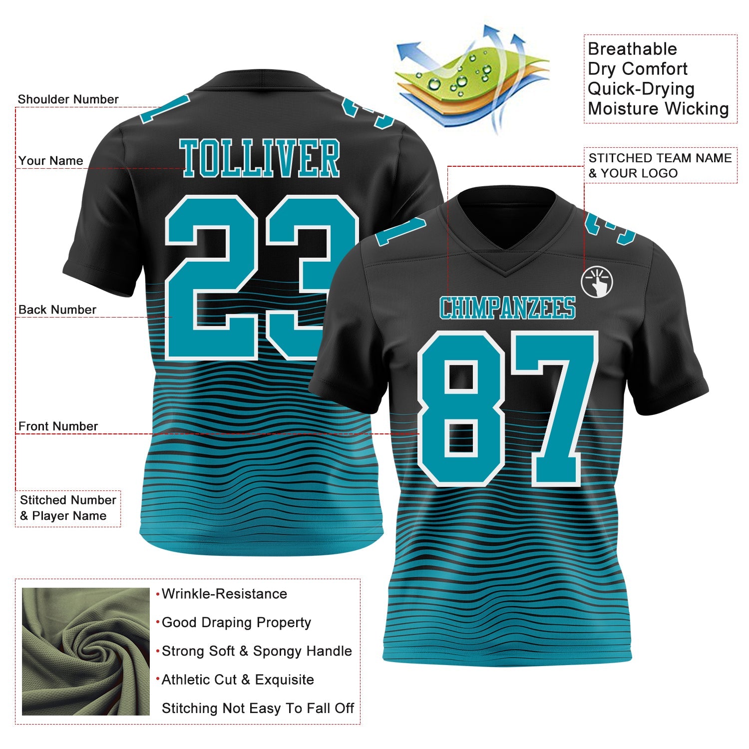 Custom Black Teal-White Authentic Fluid Wave Line Fade 7V7 Flag Football Jersey view 2