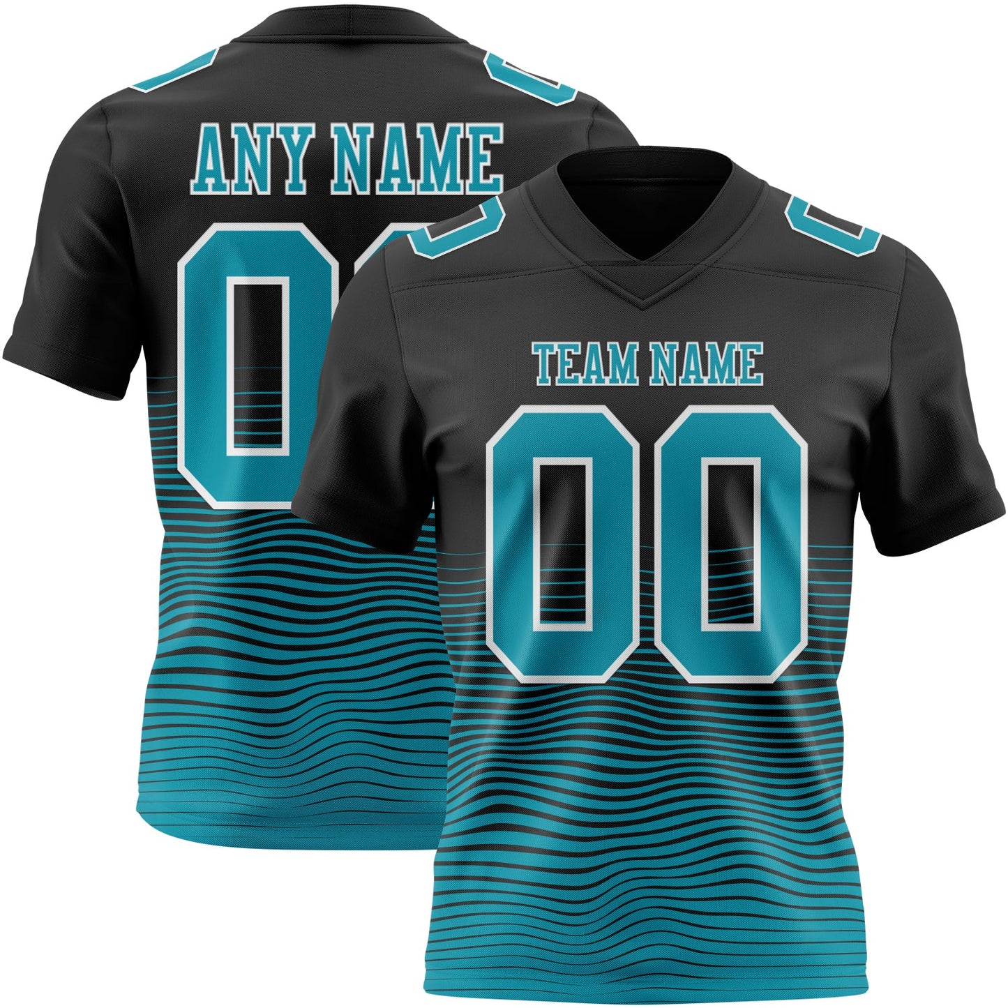 Custom Black Teal-White Authentic Fluid Wave Line Fade 7V7 Flag Football Jersey - Main View