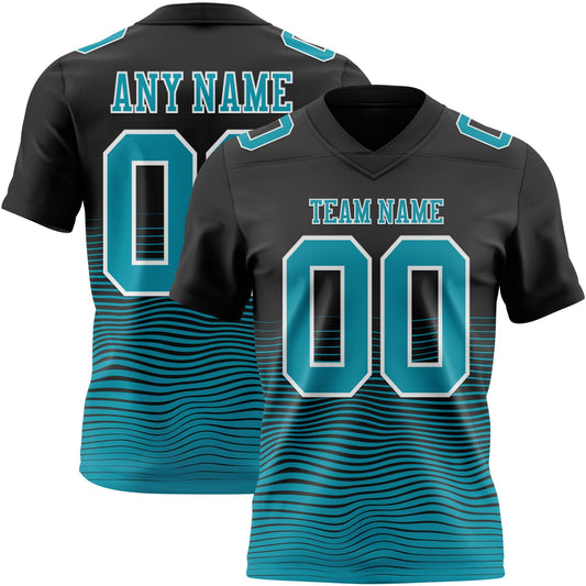 Custom Black Teal-White Authentic Fluid Wave Line Fade 7V7 Flag Football Jersey - Main View