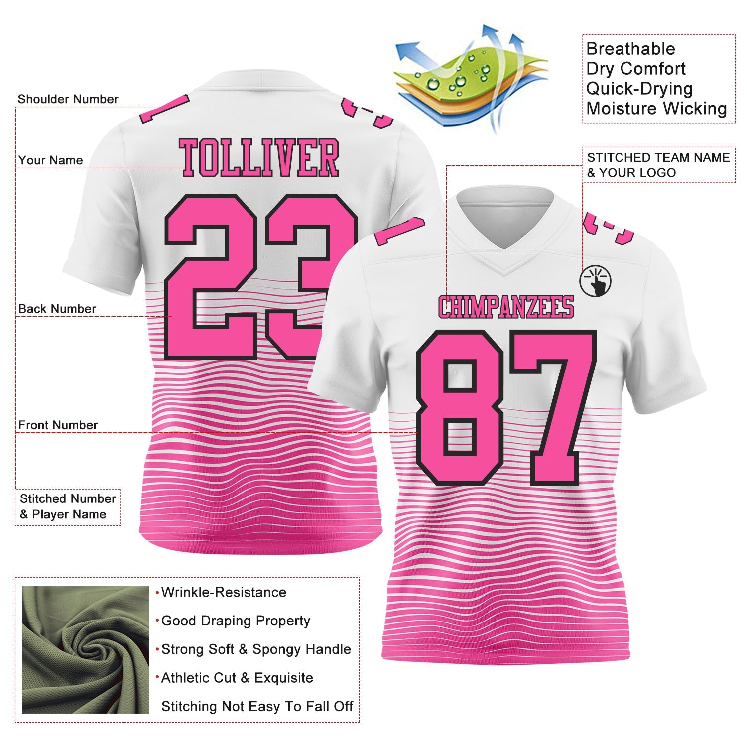 Custom White Pink-Black Authentic Fluid Wave Line Fade 7V7 Flag Football Jersey view 2
