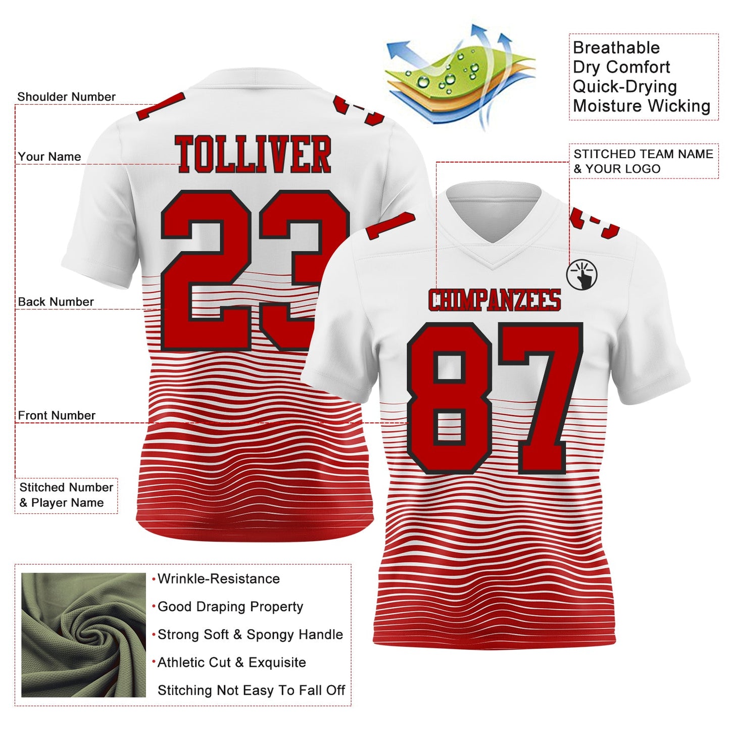 Custom White Red-Black Authentic Fluid Wave Line Fade 7V7 Flag Football Jersey view 2