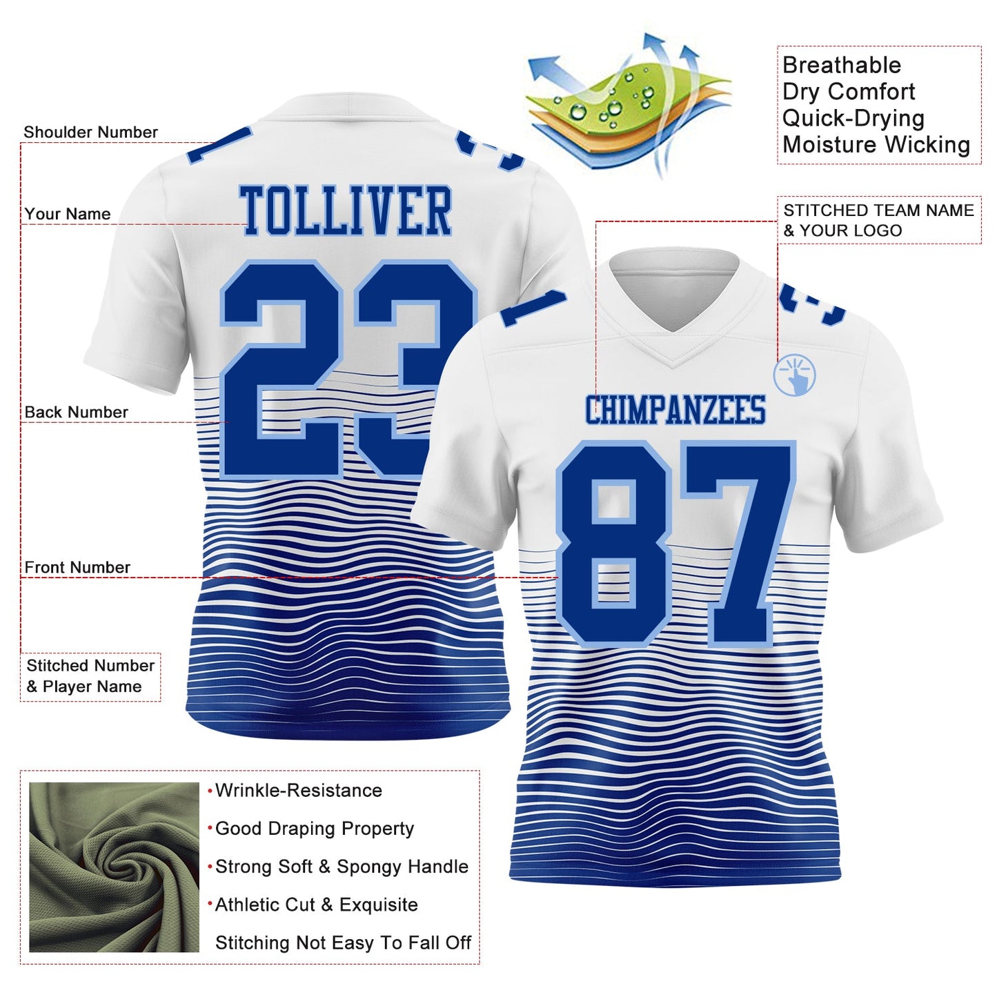 Custom White Royal-Light Blue Authentic Fluid Wave Line Fade 7V7 Flag Football Jersey view 2
