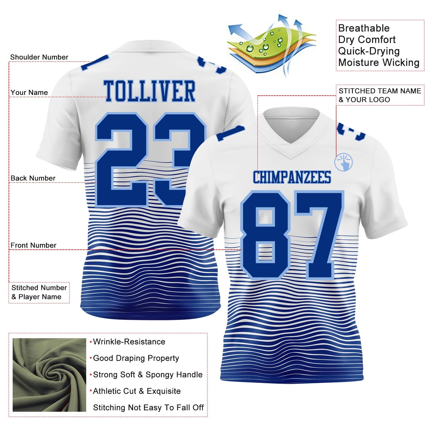 Custom White Royal-Light Blue Authentic Fluid Wave Line Fade 7V7 Flag Football Jersey view 2