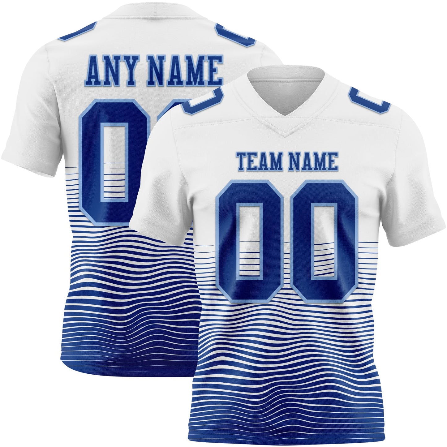 Custom White Royal-Light Blue Authentic Fluid Wave Line Fade 7V7 Flag Football Jersey - Main View