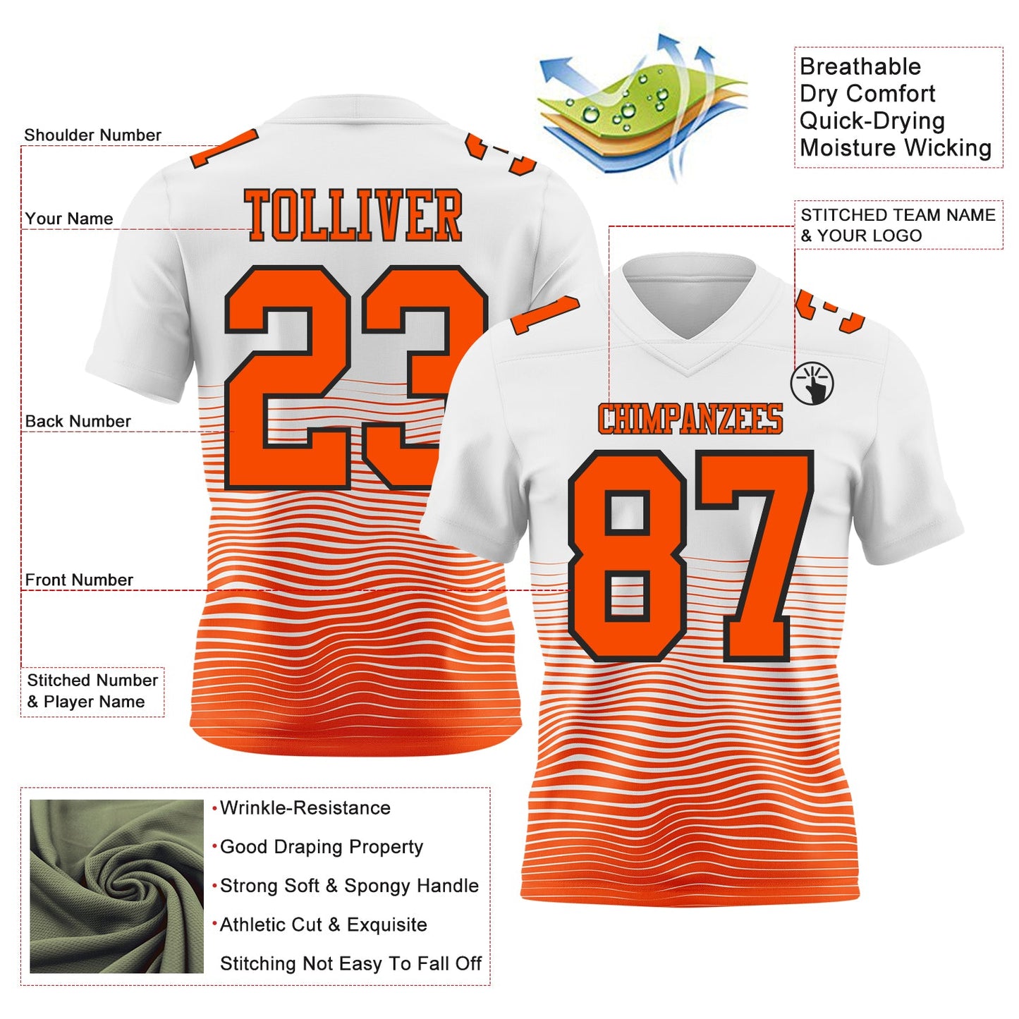 Custom White Orange-Black Authentic Fluid Wave Line Fade 7V7 Flag Football Jersey view 2