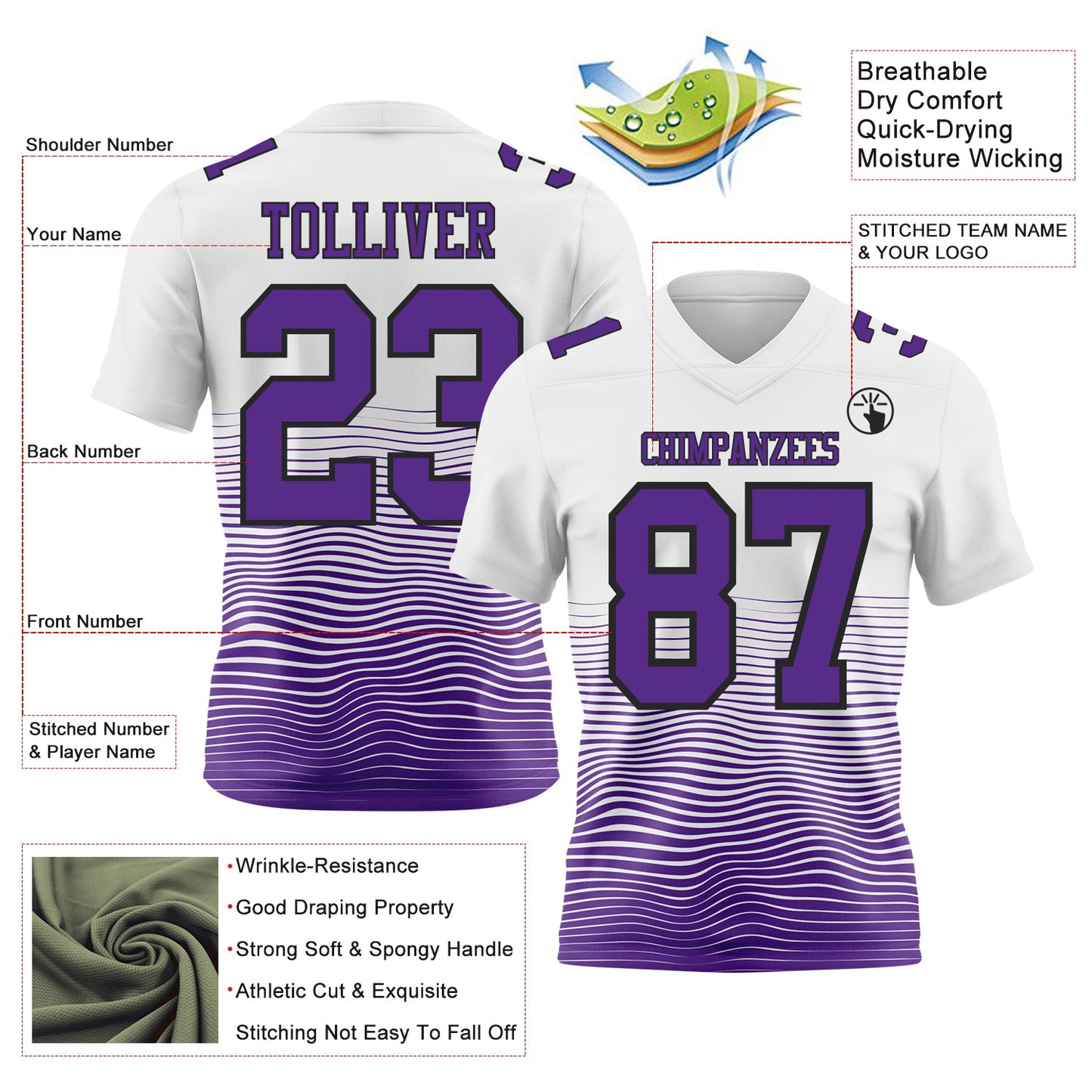 Custom White Purple-Black Authentic Fluid Wave Line Fade 7V7 Flag Football Jersey view 2