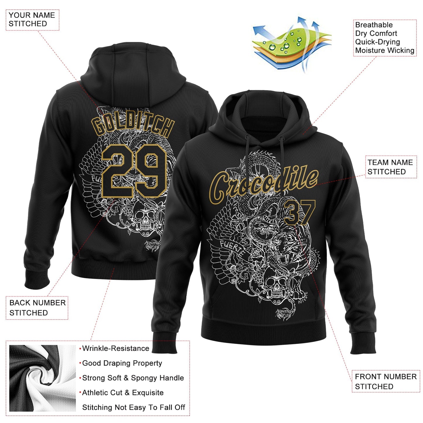 Custom Stitched Black Old Gold 3D Pattern Design Tiger And Skull Sports Pullover Sweatshirt Hoodie view 2