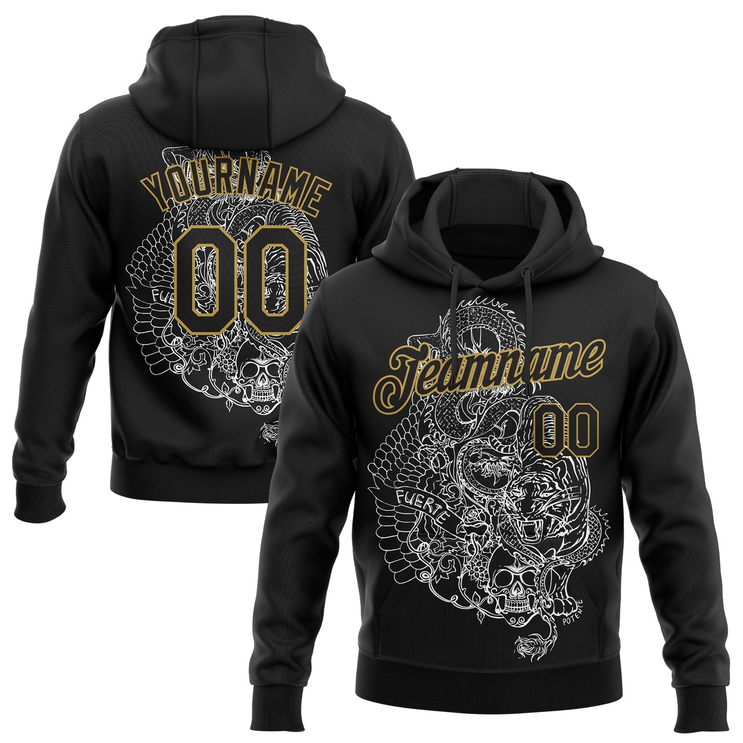 Custom Stitched Black Old Gold 3D Pattern Design Tiger And Skull Sports Pullover Sweatshirt Hoodie - Main View