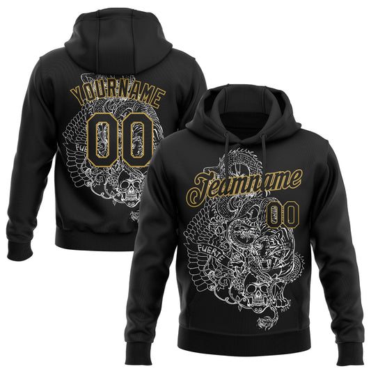 Custom Stitched Black Old Gold 3D Pattern Design Tiger And Skull Sports Pullover Sweatshirt Hoodie - Main View