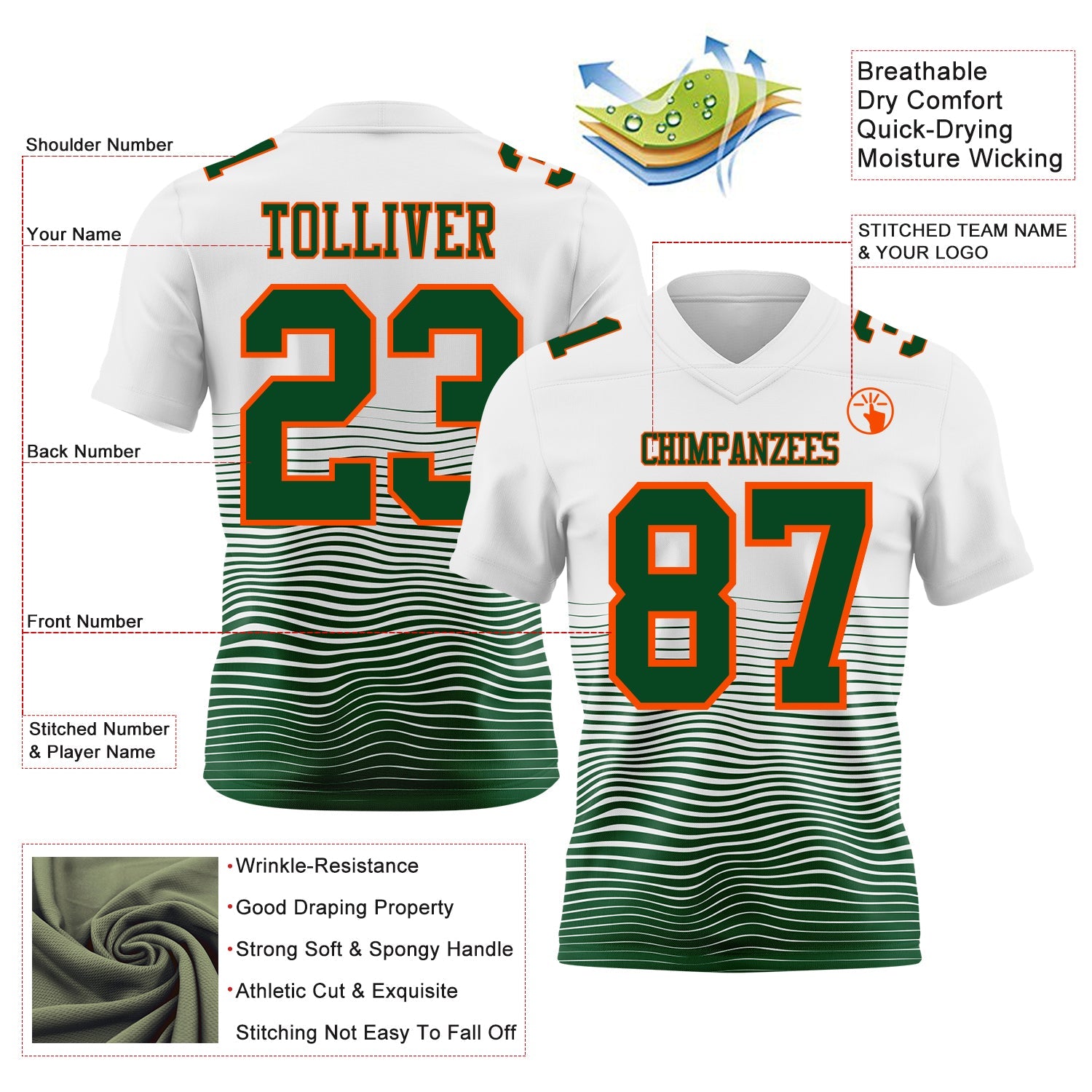 Custom White Green-Orange Authentic Fluid Wave Line Fade 7V7 Flag Football Jersey view 2