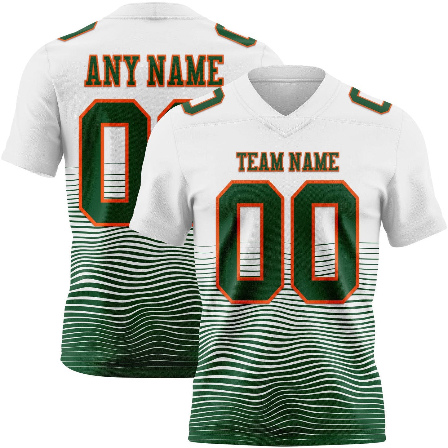Custom White Green-Orange Authentic Fluid Wave Line Fade 7V7 Flag Football Jersey - Main View