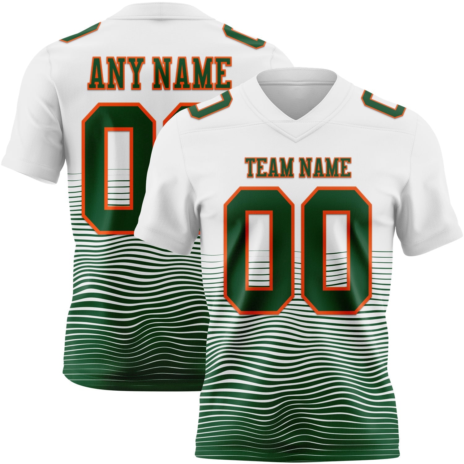 Custom White Green-Orange Authentic Fluid Wave Line Fade 7V7 Flag Football Jersey - Main View