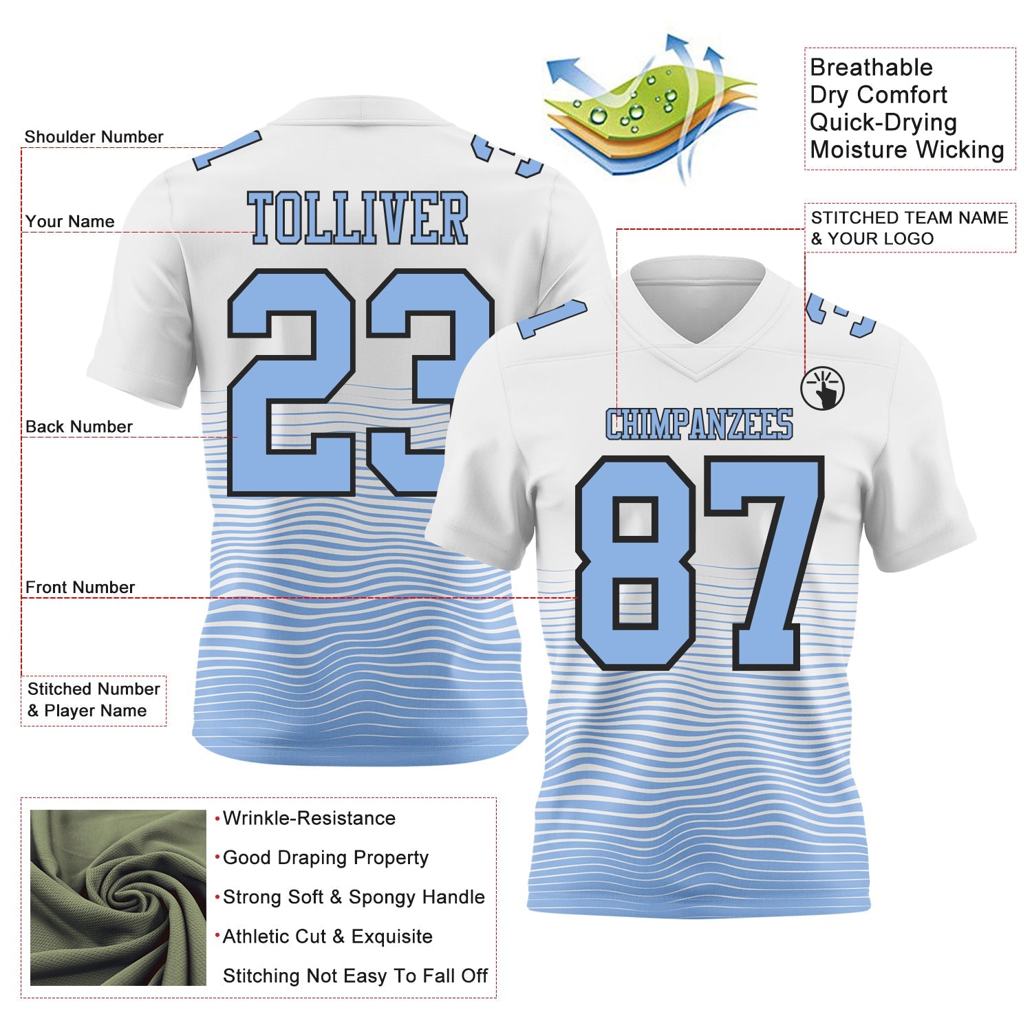 Custom White Light Blue-Black Authentic Fluid Wave Line Fade 7V7 Flag Football Jersey view 2