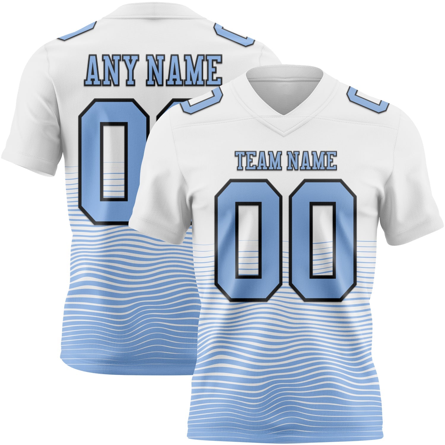 Custom White Light Blue-Black Authentic Fluid Wave Line Fade 7V7 Flag Football Jersey - Main View