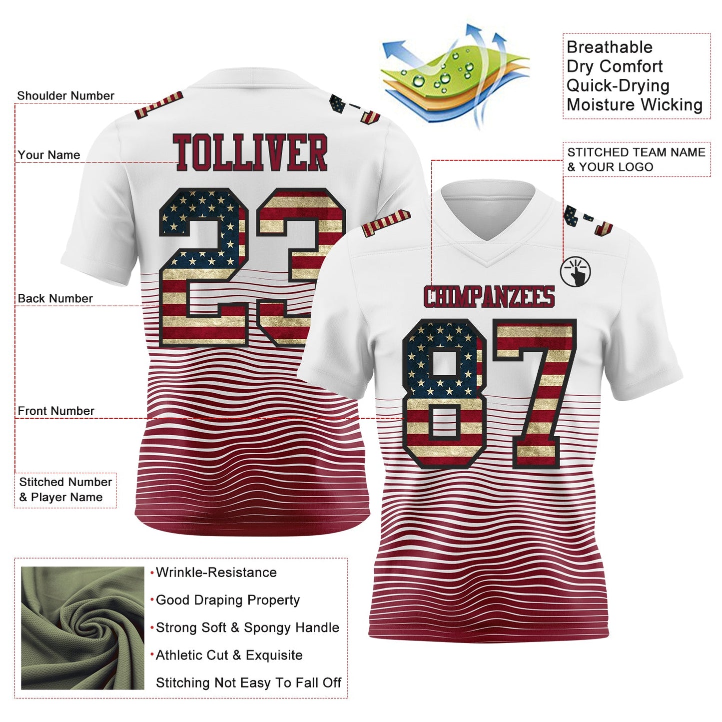 Custom White Vintage USA Flag Crimson-Black Authentic Fluid Wave Line Fade 7V7 Flag Football Jersey view 2