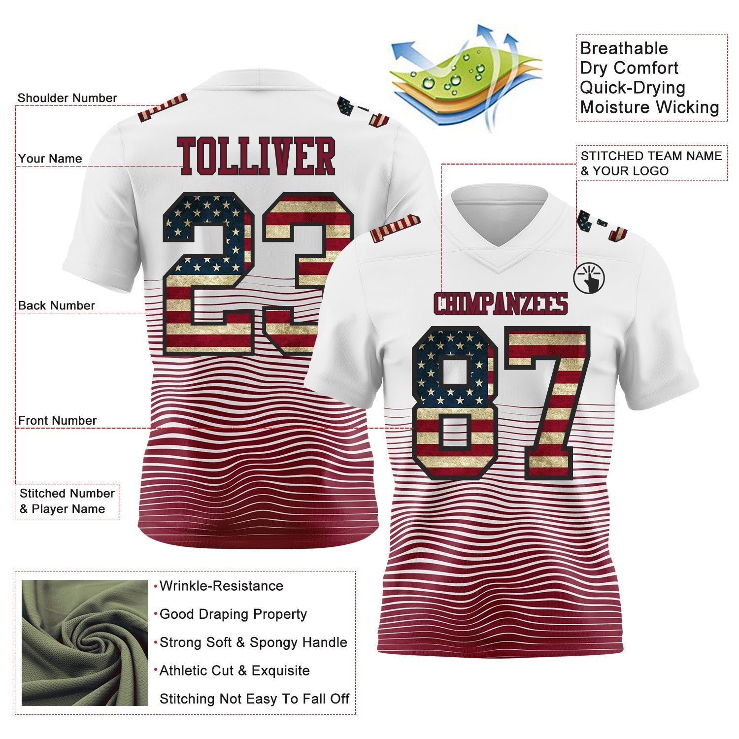 Custom White Vintage USA Flag Crimson-Black Authentic Fluid Wave Line Fade 7V7 Flag Football Jersey view 2