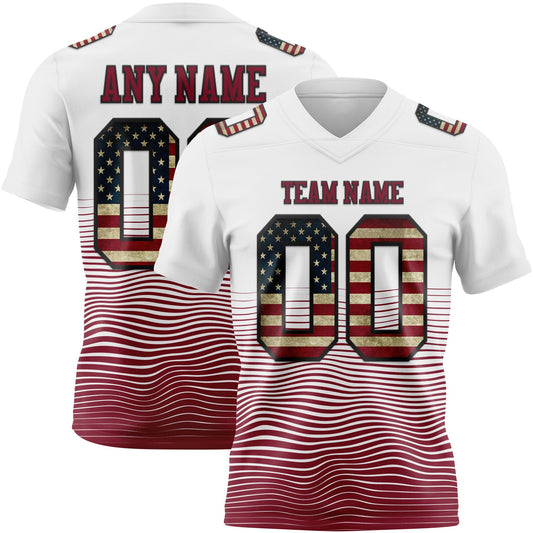 Custom White Vintage USA Flag Crimson-Black Authentic Fluid Wave Line Fade 7V7 Flag Football Jersey - Main View