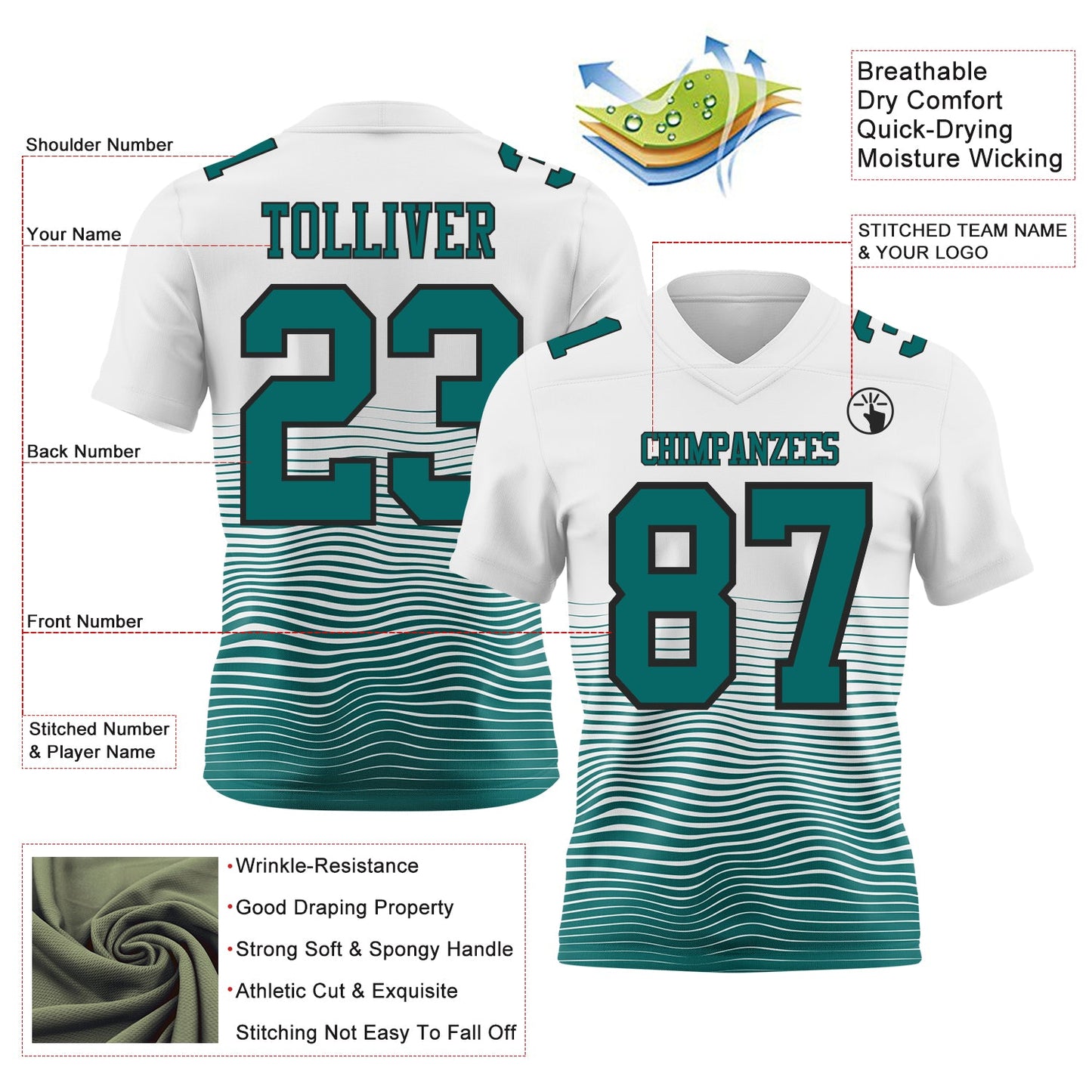 Custom White Teal-Black Authentic Fluid Wave Line Fade 7V7 Flag Football Jersey view 2