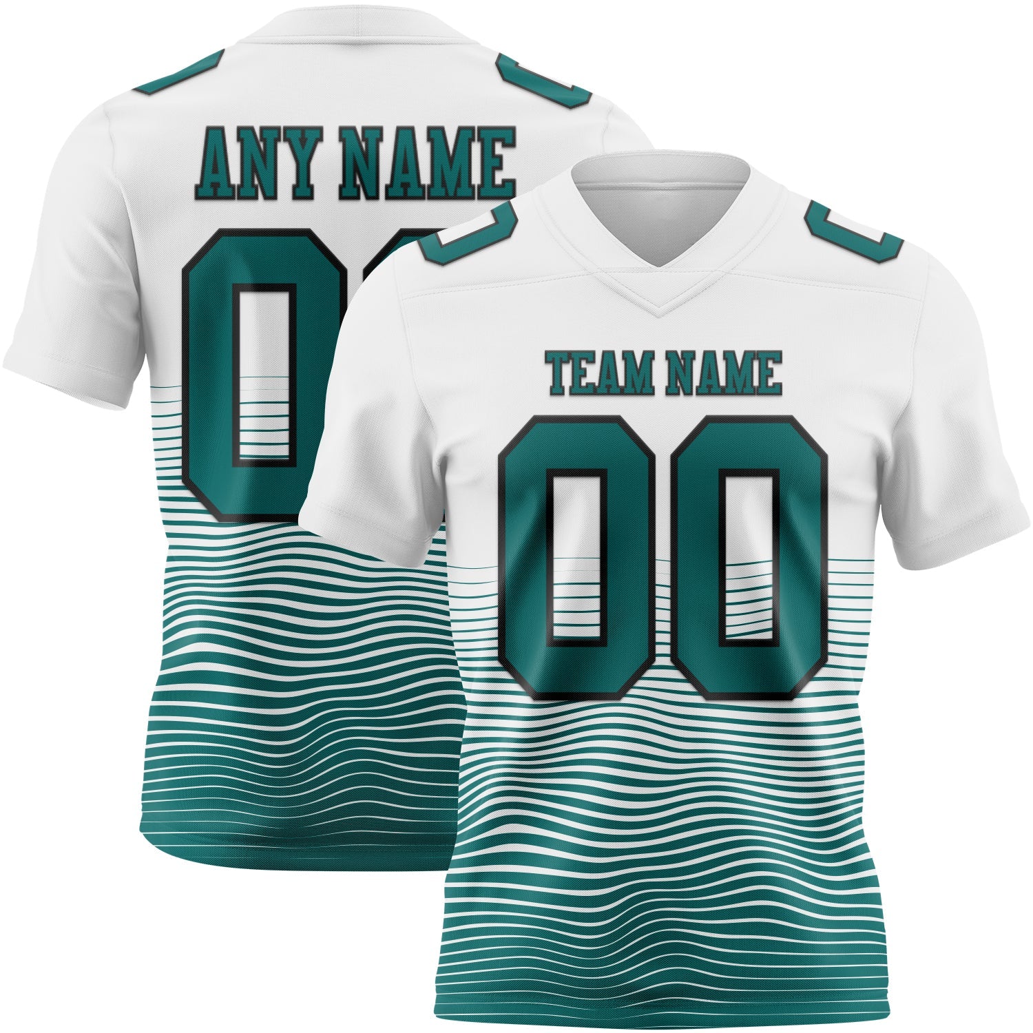 Custom White Teal-Black Authentic Fluid Wave Line Fade 7V7 Flag Football Jersey - Main View