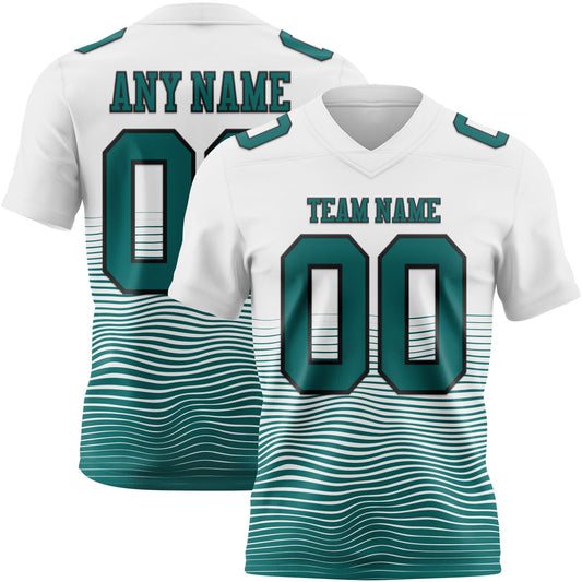 Custom White Teal-Black Authentic Fluid Wave Line Fade 7V7 Flag Football Jersey - Main View