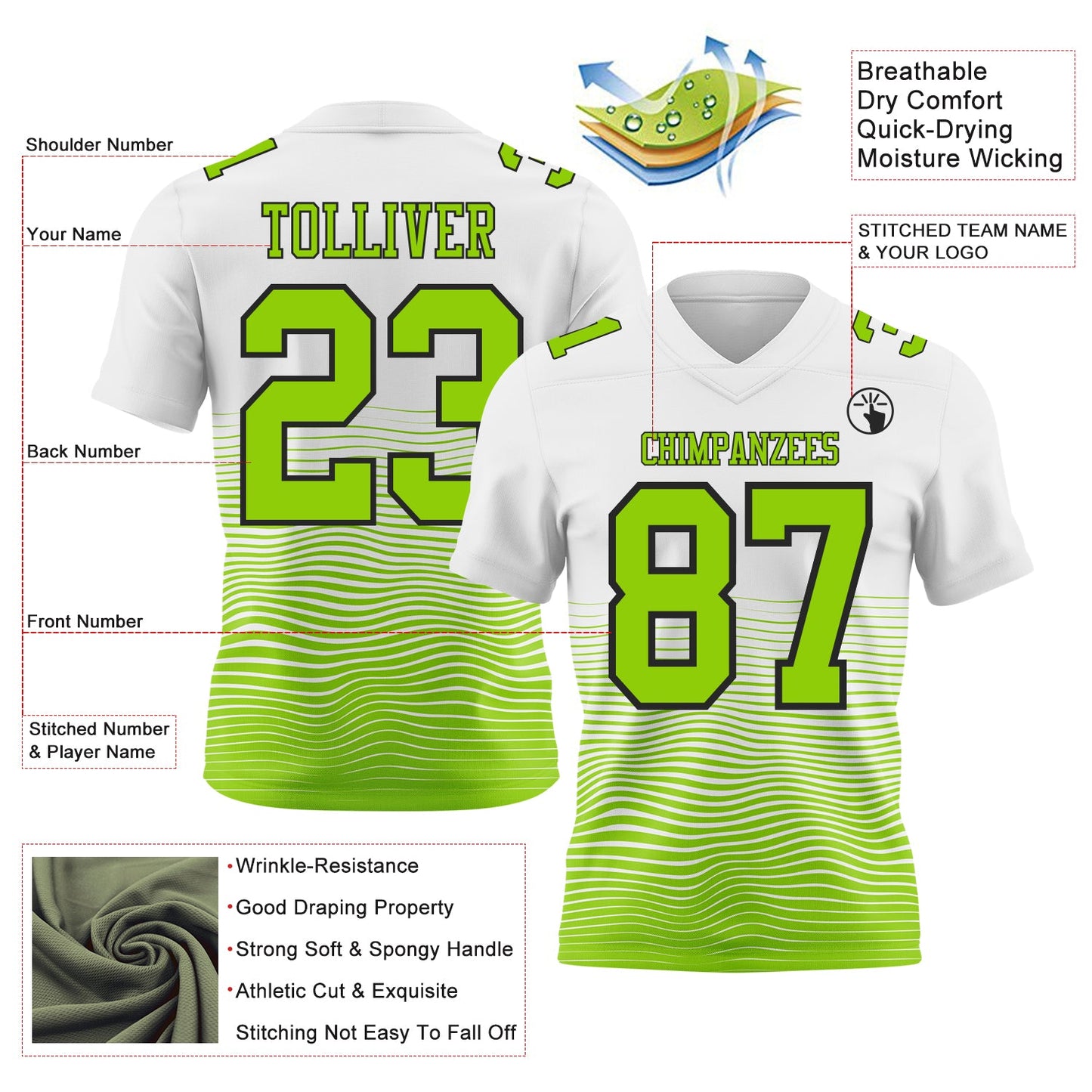 Custom White Neon Green-Black Authentic Fluid Wave Line Fade 7V7 Flag Football Jersey view 2