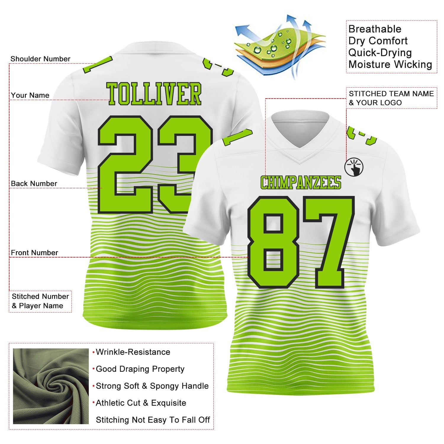 Custom White Neon Green-Black Authentic Fluid Wave Line Fade 7V7 Flag Football Jersey view 2