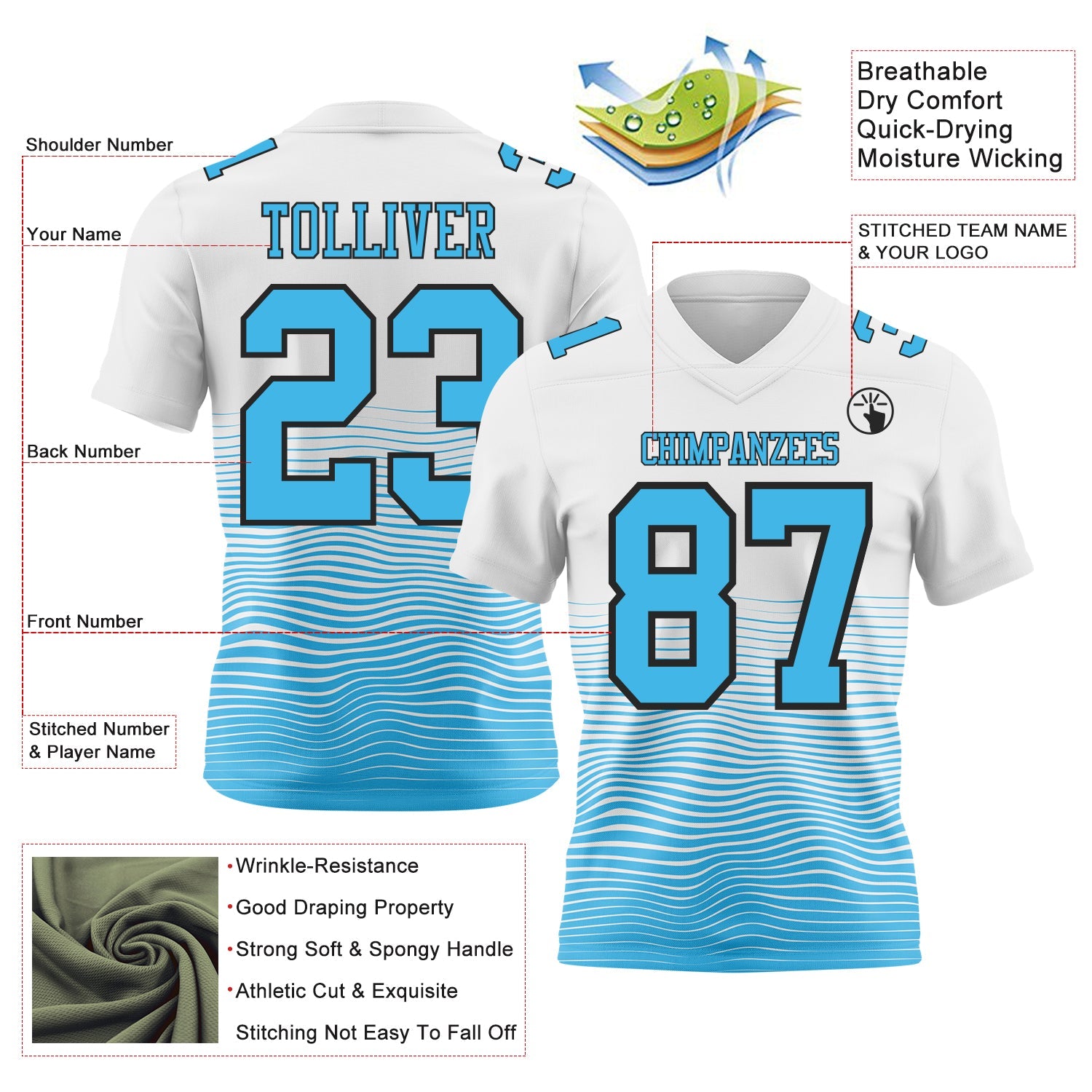 Custom White Sky Blue-Black Authentic Fluid Wave Line Fade 7V7 Flag Football Jersey view 2