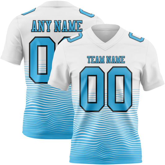 Custom White Sky Blue-Black Authentic Fluid Wave Line Fade 7V7 Flag Football Jersey - Main View