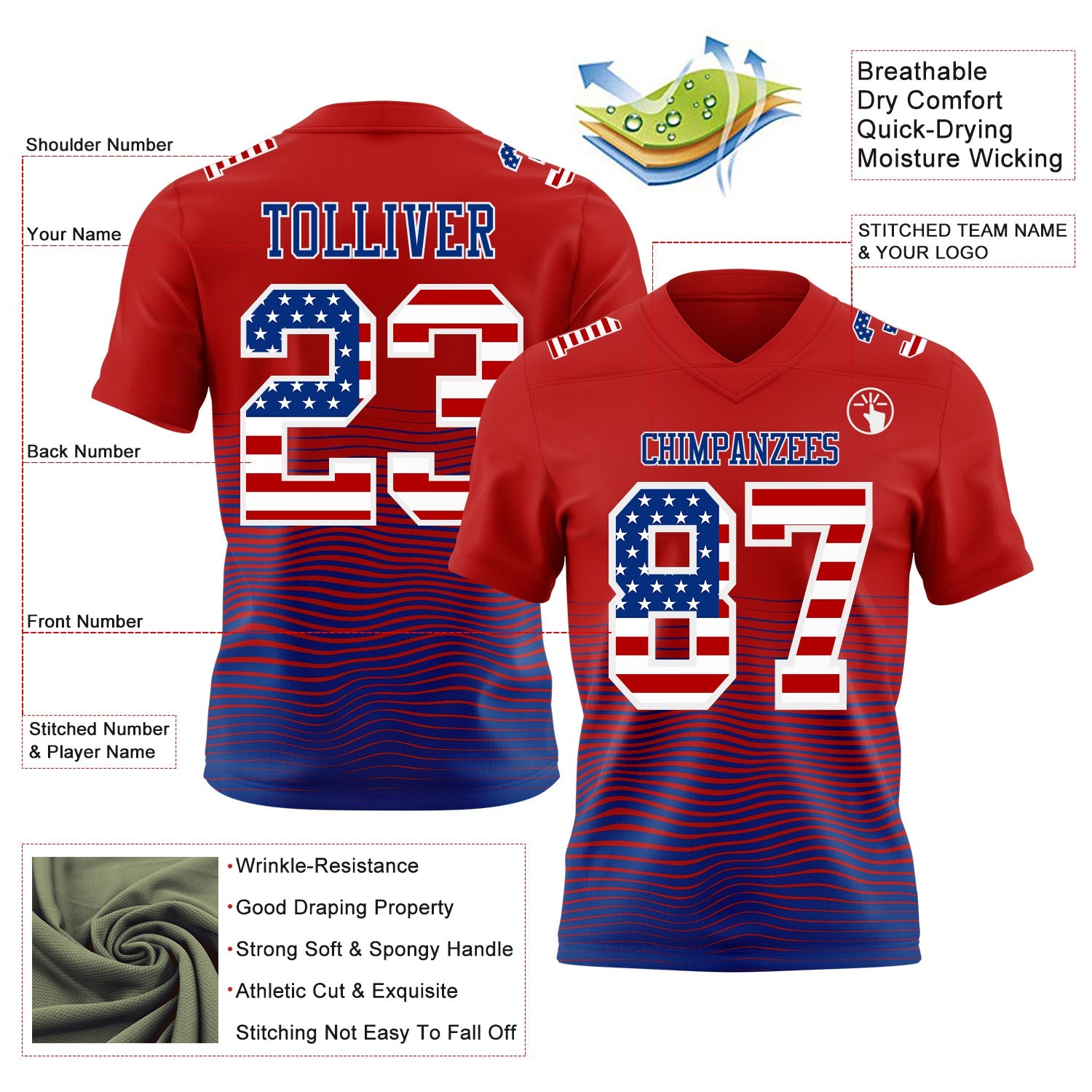 Custom Red USA Flag Royal-White Authentic Fluid Wave Line Fade 7V7 Flag Football Jersey view 2