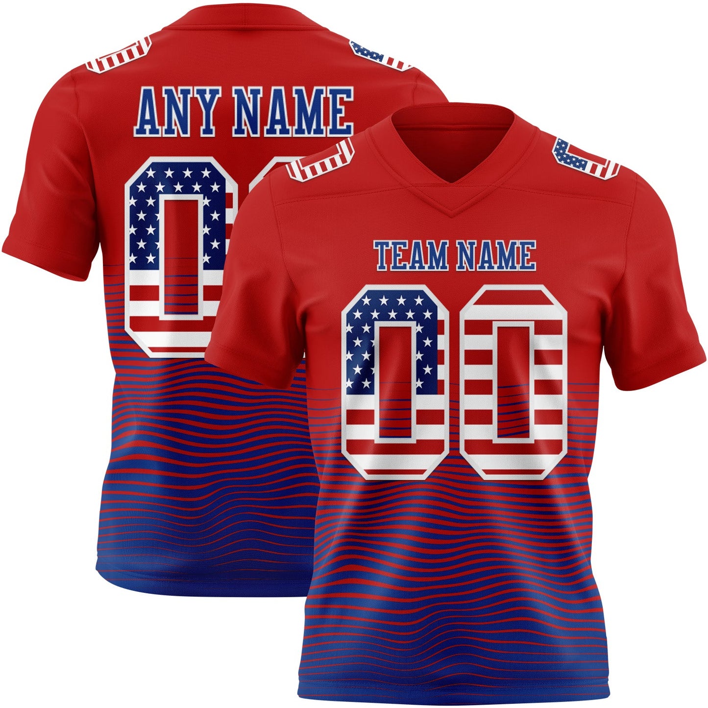 Custom Red USA Flag Royal-White Authentic Fluid Wave Line Fade 7V7 Flag Football Jersey - Main View