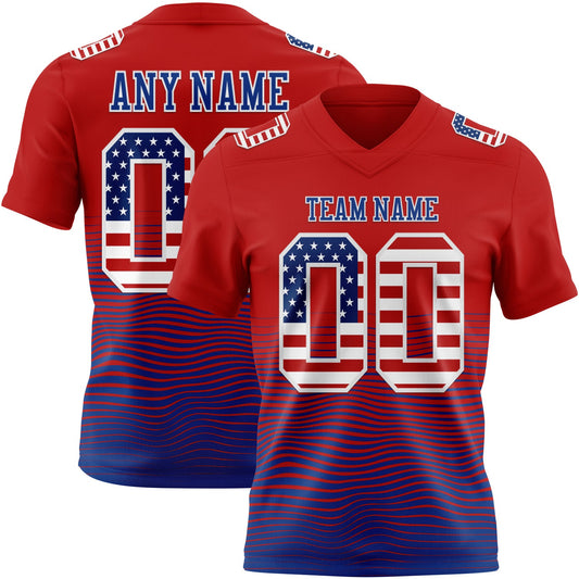 Custom Red USA Flag Royal-White Authentic Fluid Wave Line Fade 7V7 Flag Football Jersey - Main View