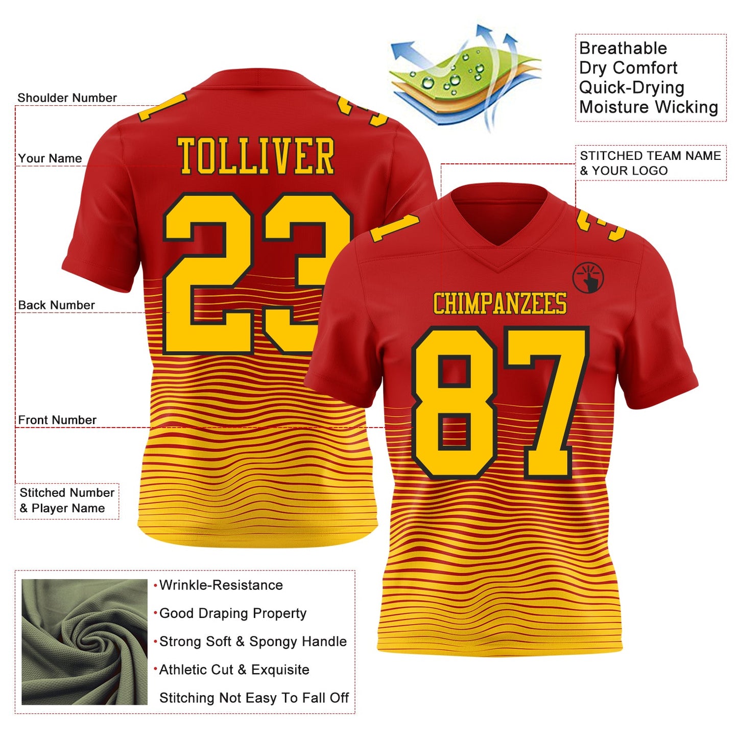 Custom Red Yellow-Black Authentic Fluid Wave Line Fade 7V7 Flag Football Jersey view 2