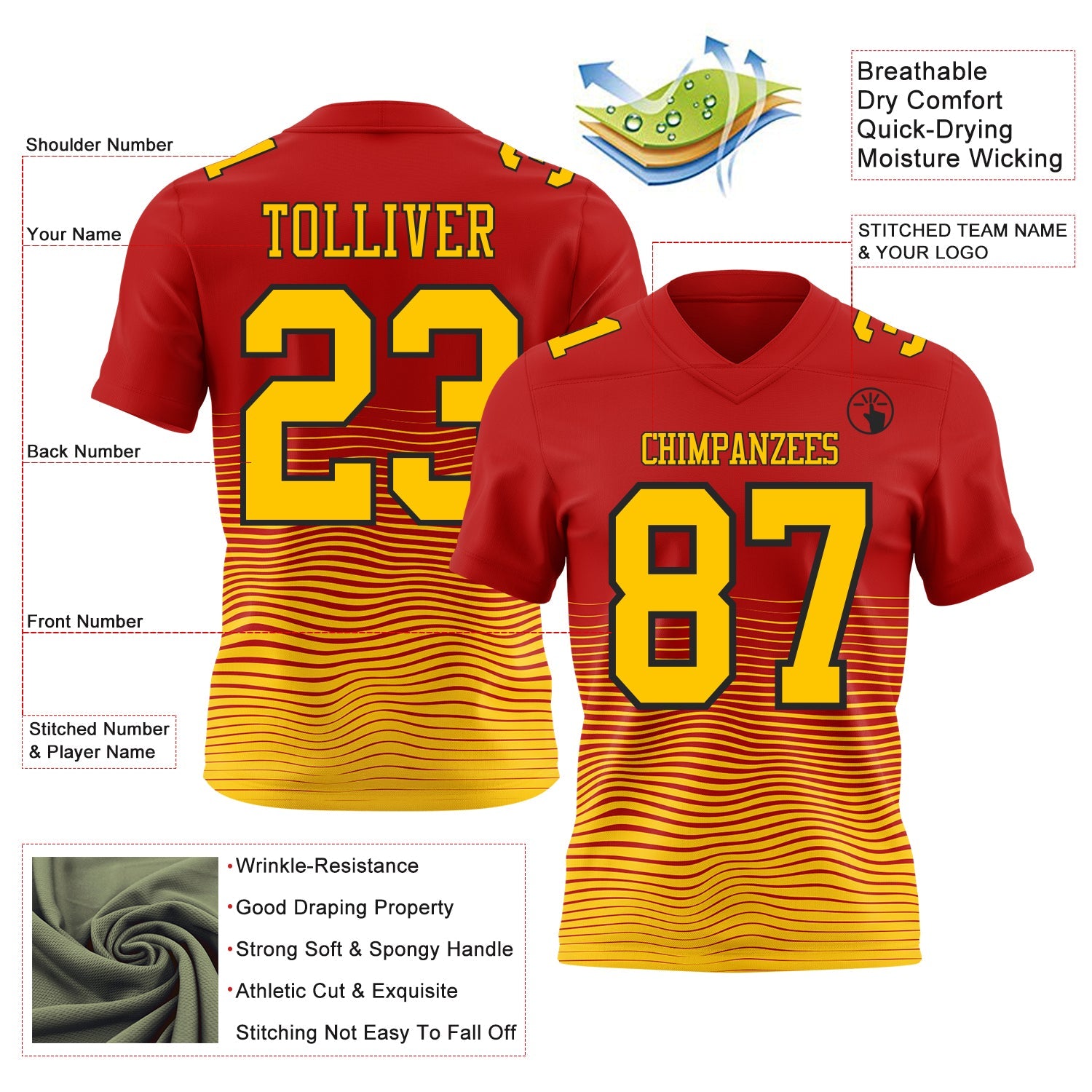 Custom Red Yellow-Black Authentic Fluid Wave Line Fade 7V7 Flag Football Jersey view 2