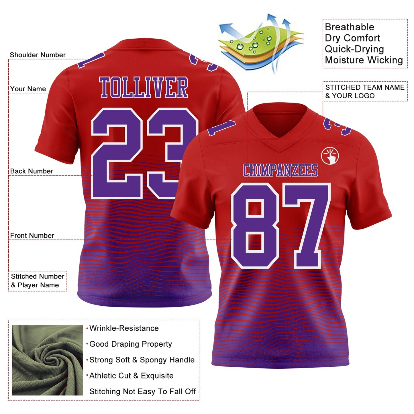 Custom Red Purple-White Authentic Fluid Wave Line Fade 7V7 Flag Football Jersey view 2