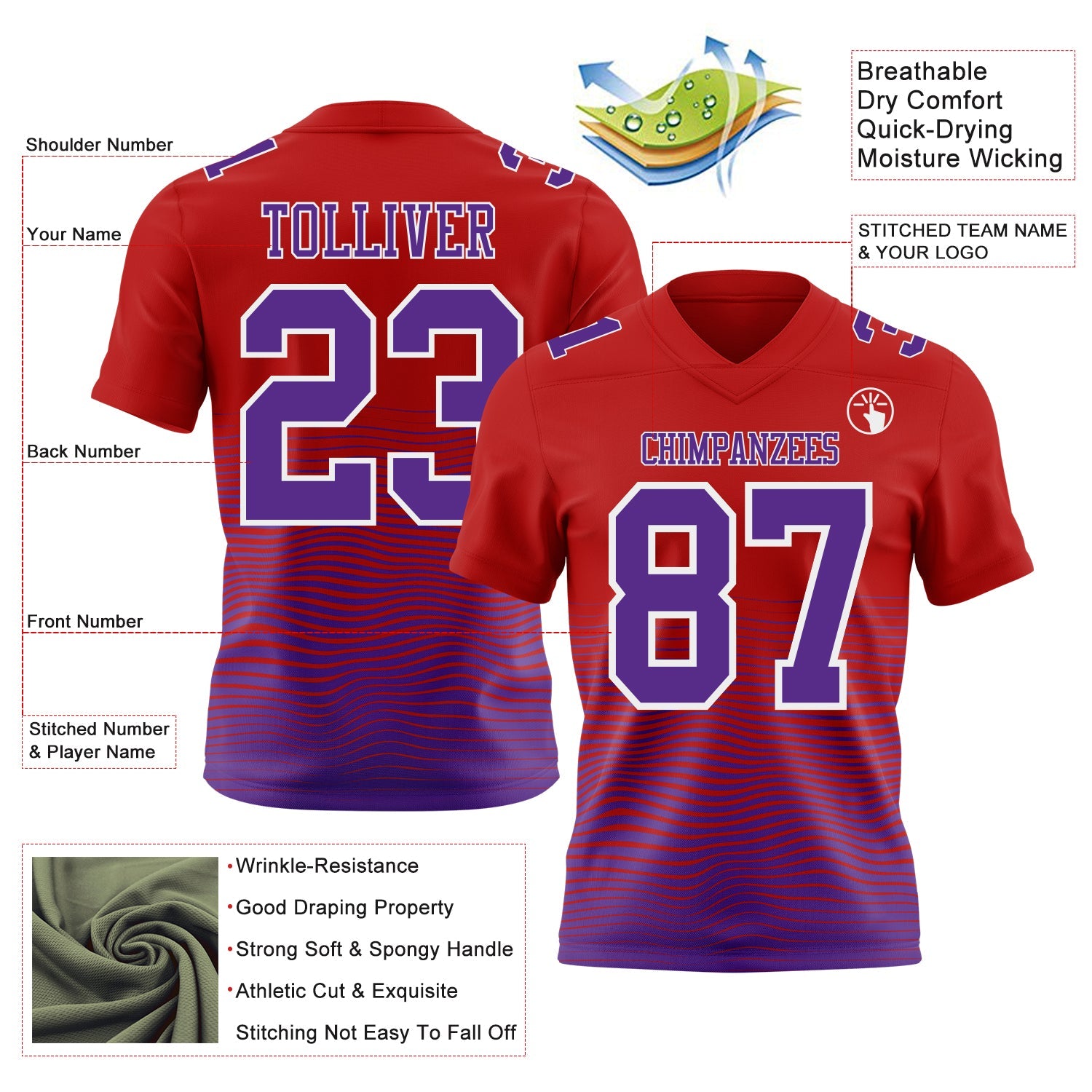 Custom Red Purple-White Authentic Fluid Wave Line Fade 7V7 Flag Football Jersey view 2
