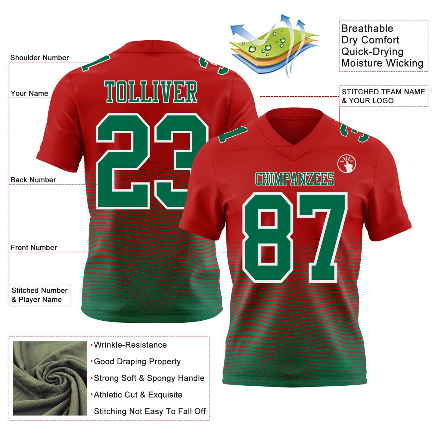 Custom Red Kelly Green-White Authentic Fluid Wave Line Fade 7V7 Flag Football Jersey view 2