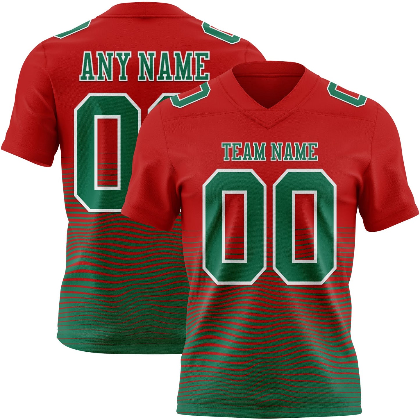 Custom Red Kelly Green-White Authentic Fluid Wave Line Fade 7V7 Flag Football Jersey - Main View