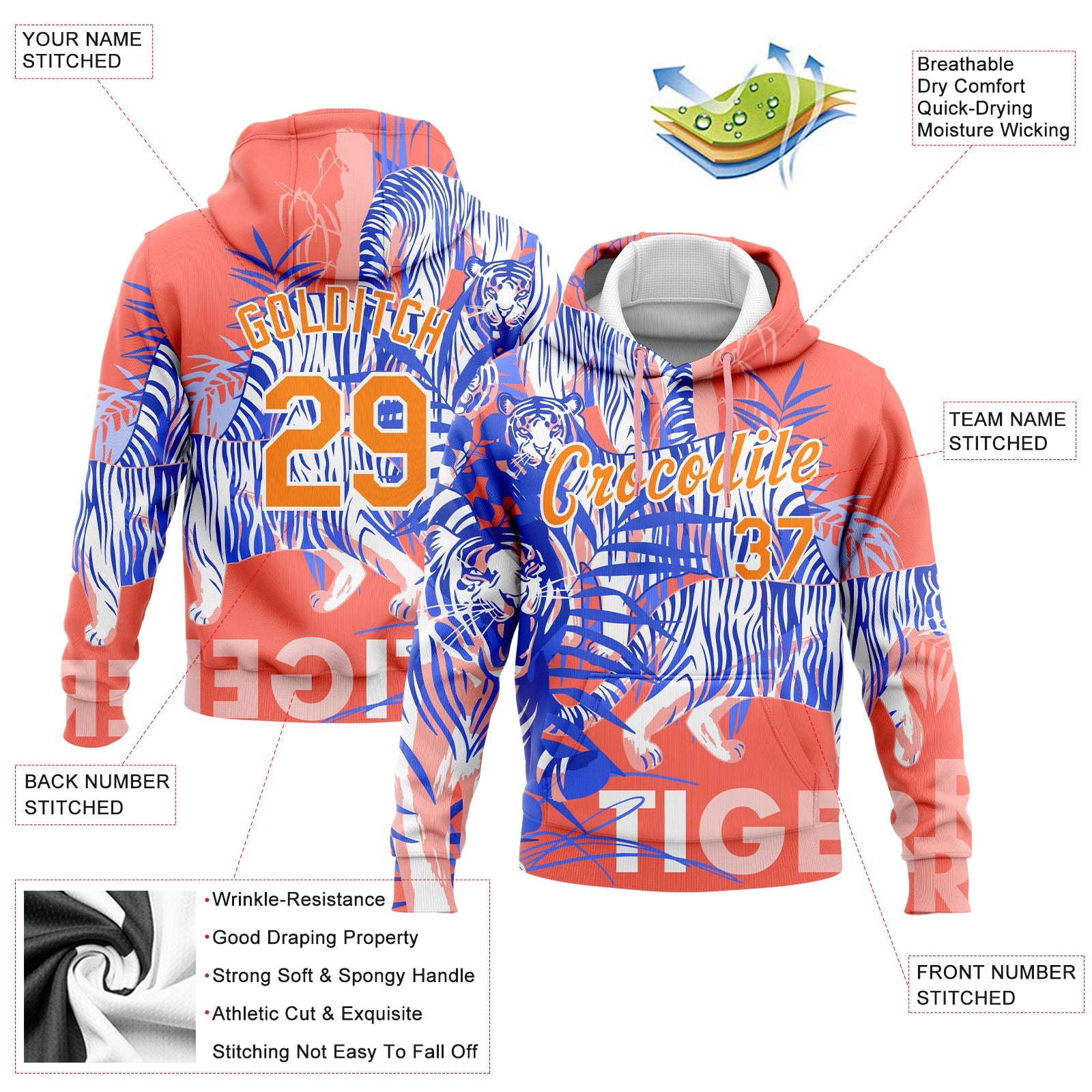 Custom Stitched Medium Pink Bay Orange-White 3D Pattern Design Tiger Sports Pullover Sweatshirt Hoodie view 2